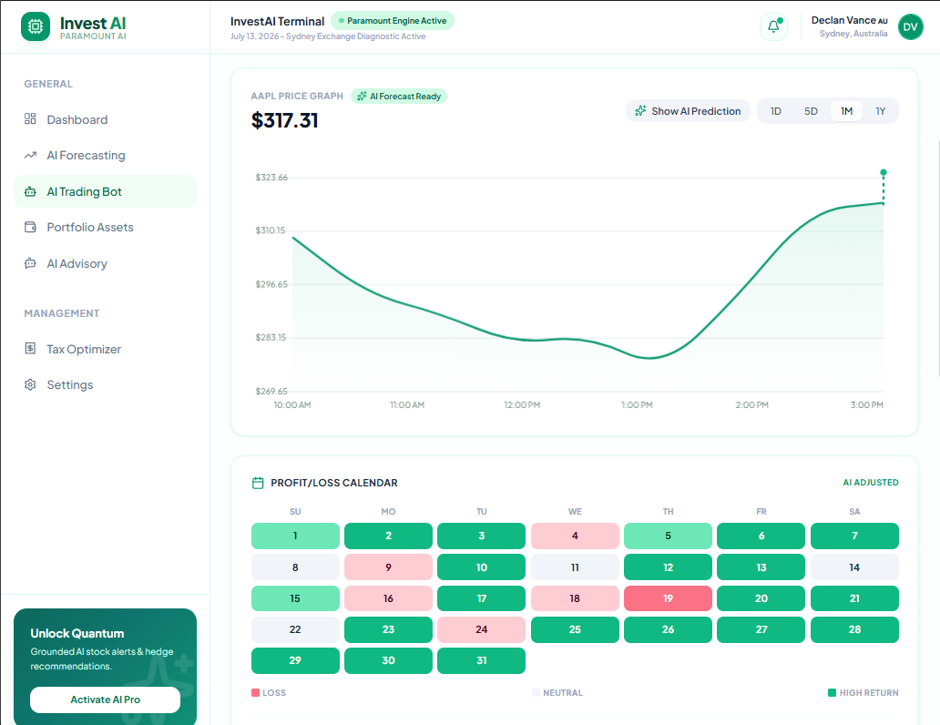 InvestAI Terminal dashboard showing the AAPL price graph at $317.31 with AI Forecast Ready active, plus an AI-adjusted profit and loss calendar with green winning days and red losing days.